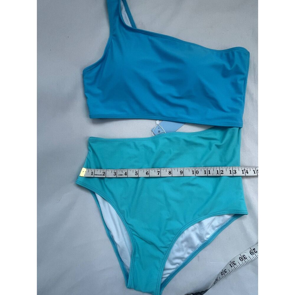 Yonique NWT One Piece Swimsuit One Shoulder Cutout Monokini Blue Turquoise sz L - Picture 10 of 12